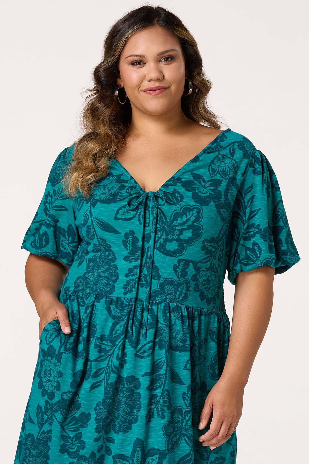 Plus Size Floral Bubble Sleeve Dress