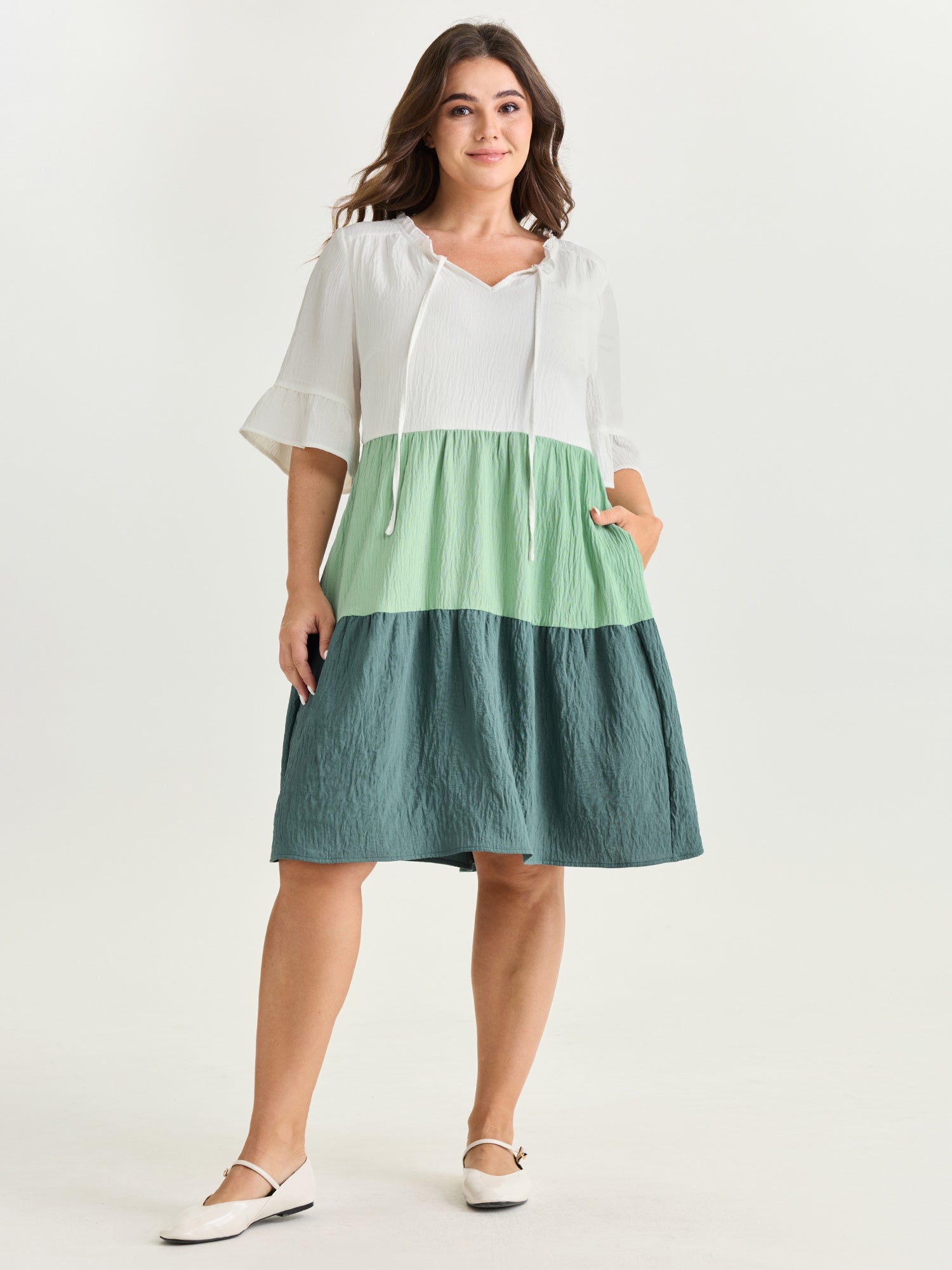 Colorblock Drawstring Neckline Tiered Mini Dress