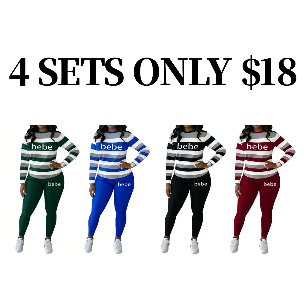 Women's Striped Bebe Letter Print Sets