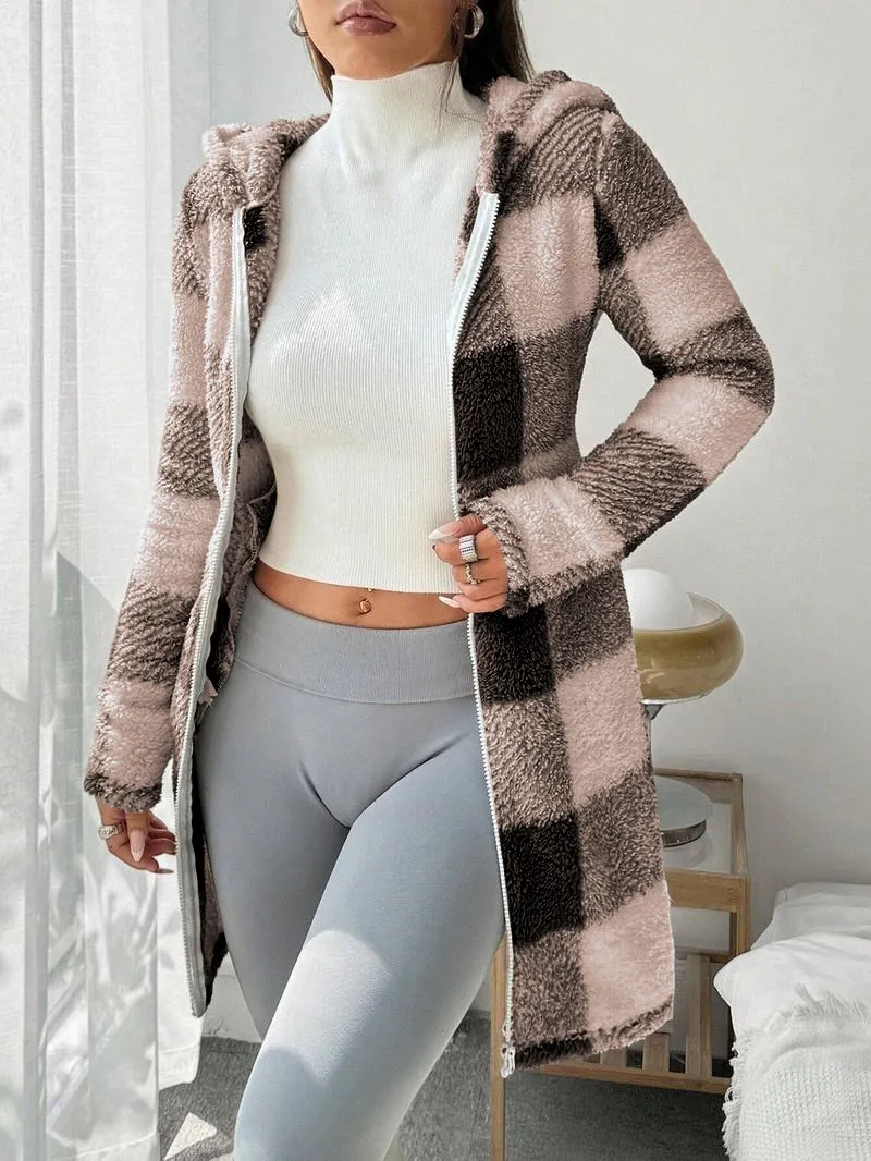 Women's Plaid Fleece Long Sleeve Hooded Coat