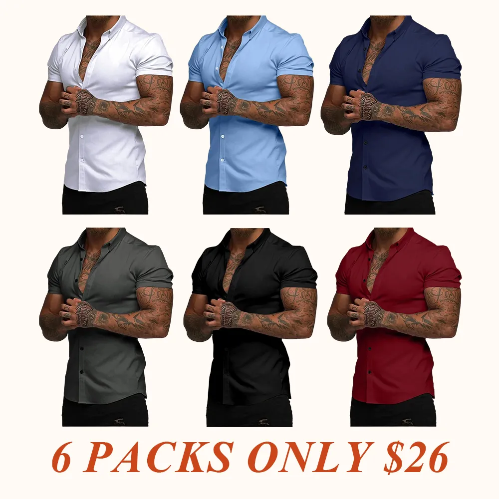 Mens Muscle Fit Dress Shirts Casual Button Down Shirt Short Sleeve Wrinkle-Free Shirts
