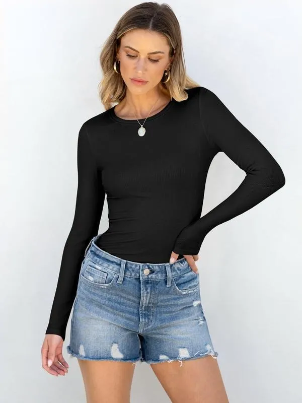 Women's Long-Sleeve Crew Neck Ribbed Knit Slim Fit T-Shirt