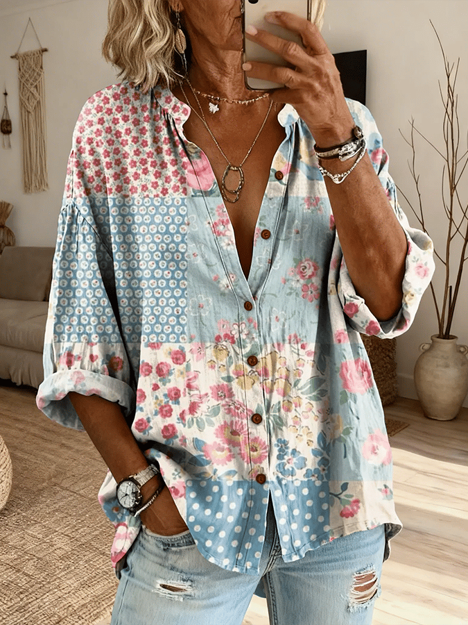 Women's Patchwork Retro Floral Art Print Casual Cotton And Linen Shirt