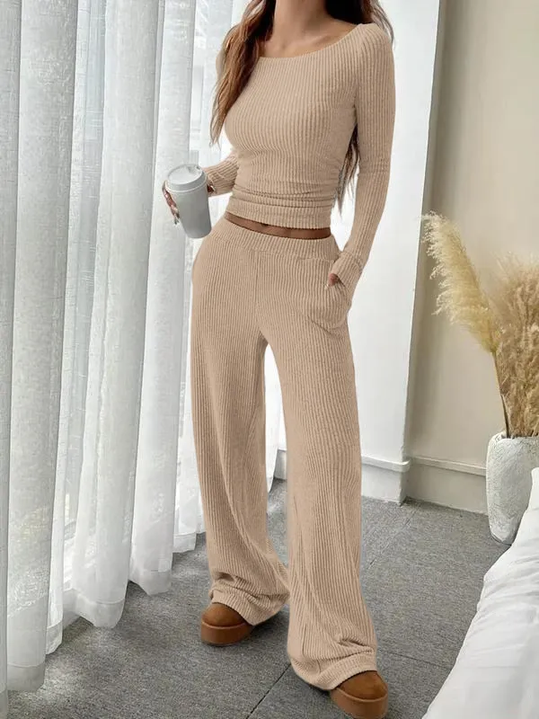 Women's Casual Striped Long Sleeve Top & Loose Pocket Pants Set