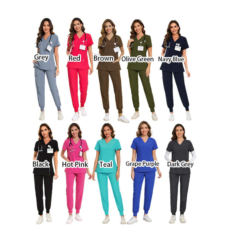 Women Stretch V-Neck Scrub Top & Jogger Pant Set   with 8 Pockets