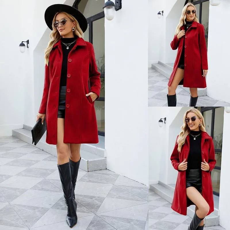 Women's Faux Wool Peacoat Single Breasted Notched Collar Trench Coat