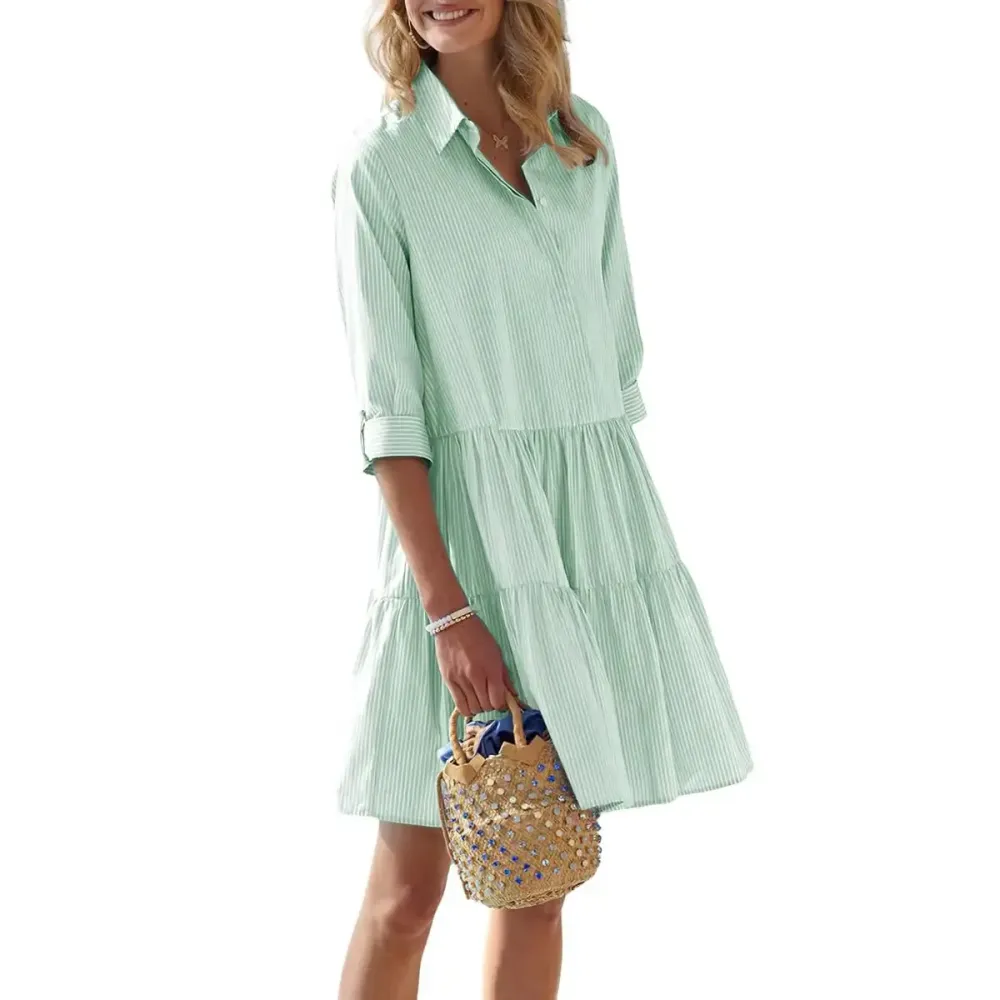 Women's Summer Striped Shirt Dress Half-Button Mini Cake Dress Loose Casual Rolled-Sleeve