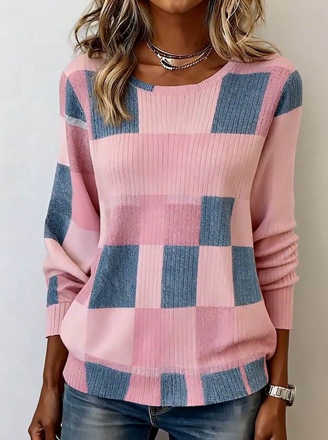 Women'S Casual Round Neck  Patchwork Pullover Sweatshirt