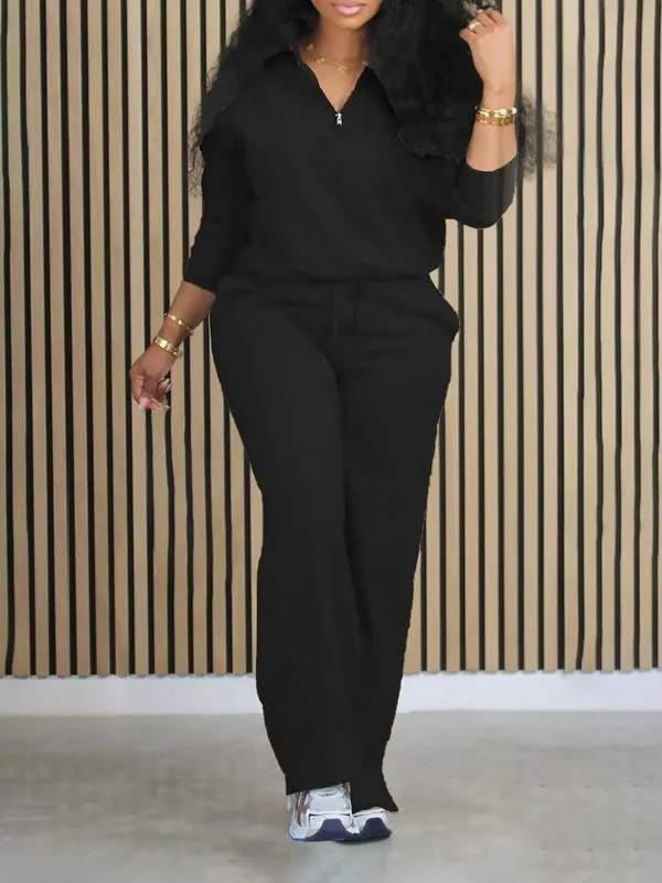 Women's Solid Half Placket Split Hem Pants Set