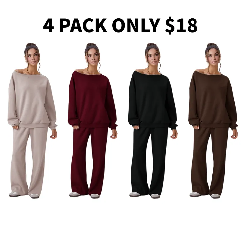 🔥8-PACKS 🔥Women's Leisure Solid Color Sloping Shoulder Long Sleeve Top & Wide Leg Trousers