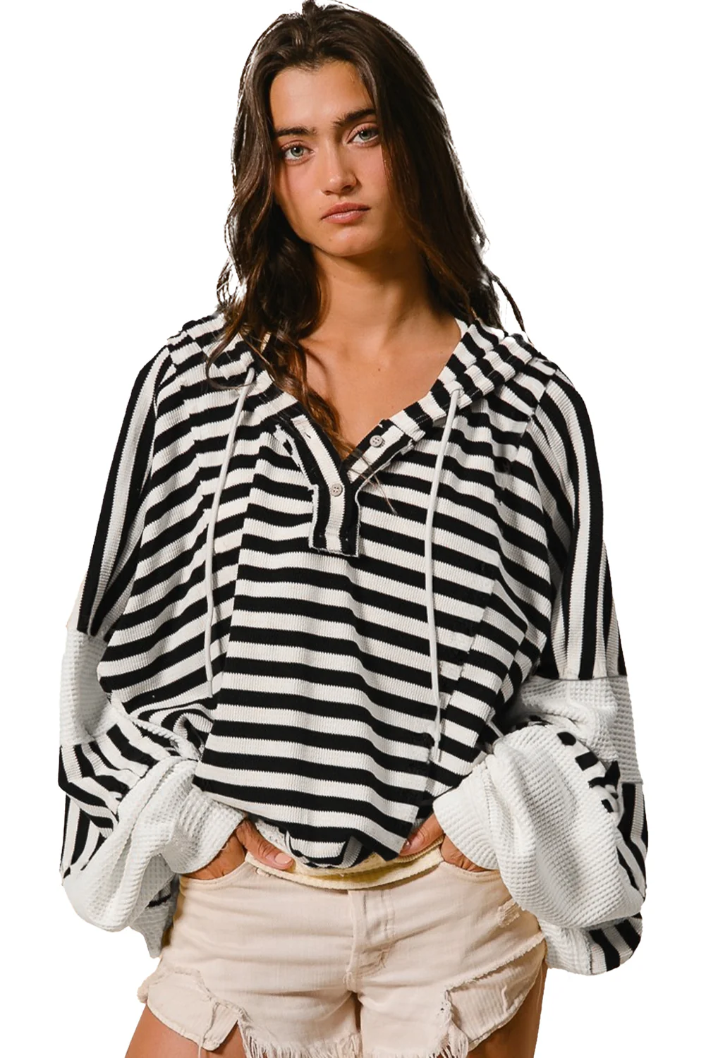 Oversized Striped Henley Buttons Dolman Sleeve Hooded Top