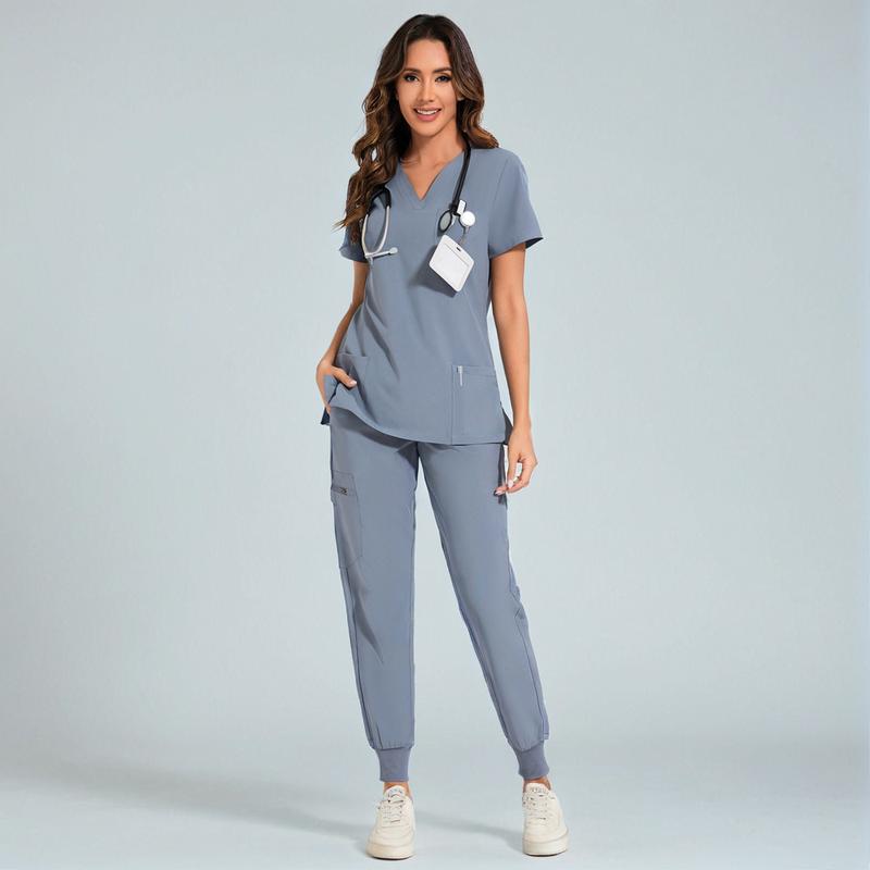 🔥Women’s Stretch V-Neck Scrub Set (Top + Jogger Pants) – 8 Pocket Utility Uniform