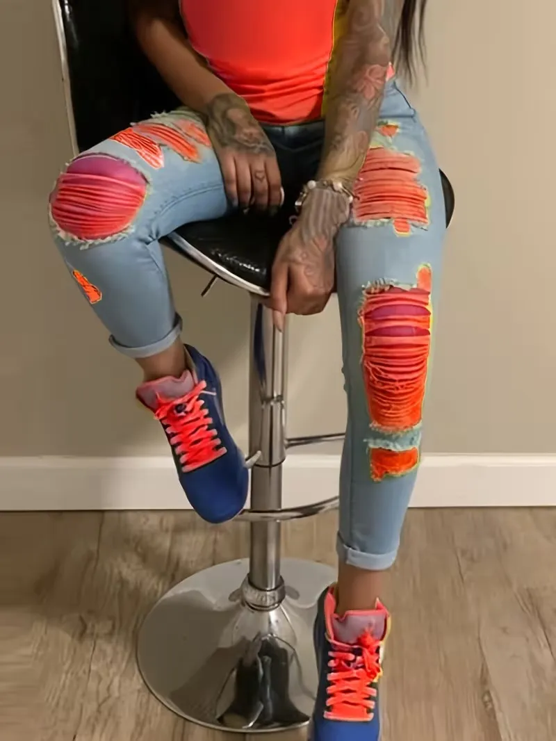 Women's Fashion Yellow Ripped Distressed Skinny Jean Slim Fit Denim Pants