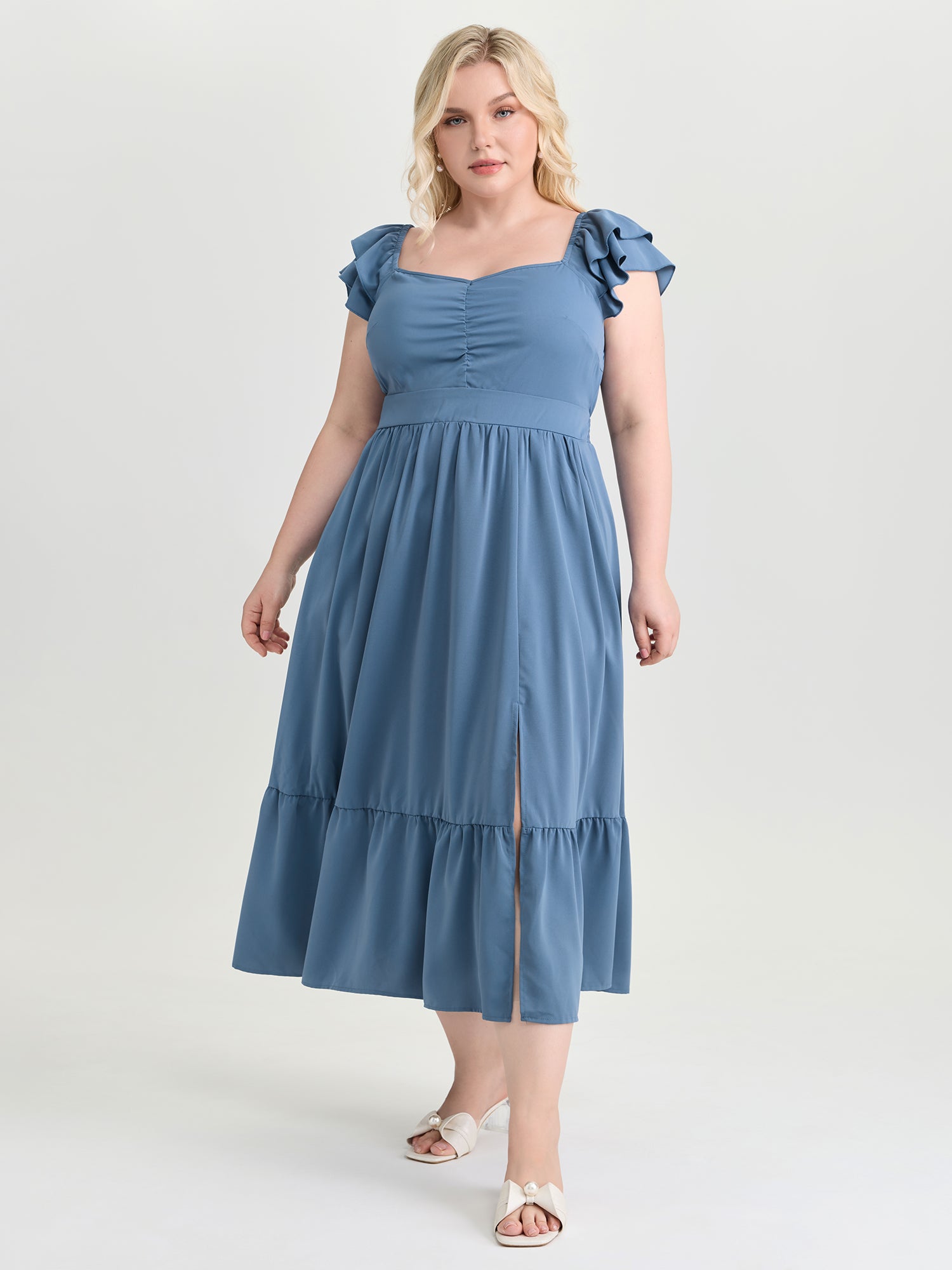 Ruched Shirred Back Layered Sleeve Midi Dress