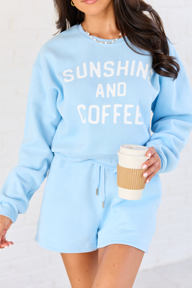 Sunshine And Coffee Light Blue Cropped Graphic Sweatshirt