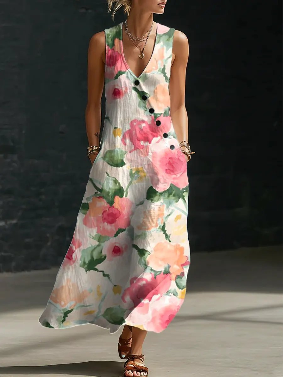 Women's Floral Pattern Art Print Casual Cotton Linen Dress- Fast Shipping