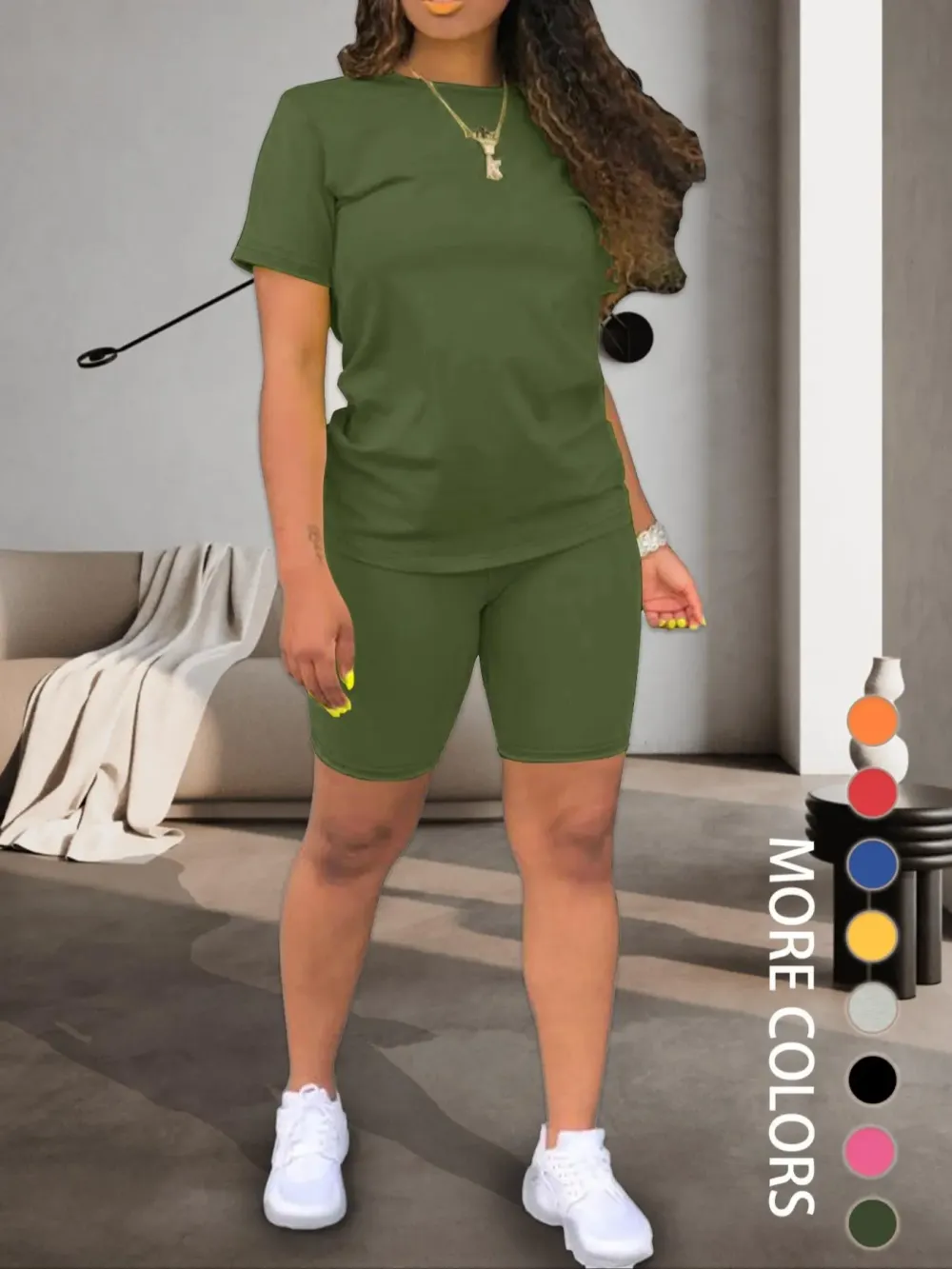 Women's Slim Fit Solid Color Crew Neck T-Shirt and Skinny Shorts Two-Piece Set