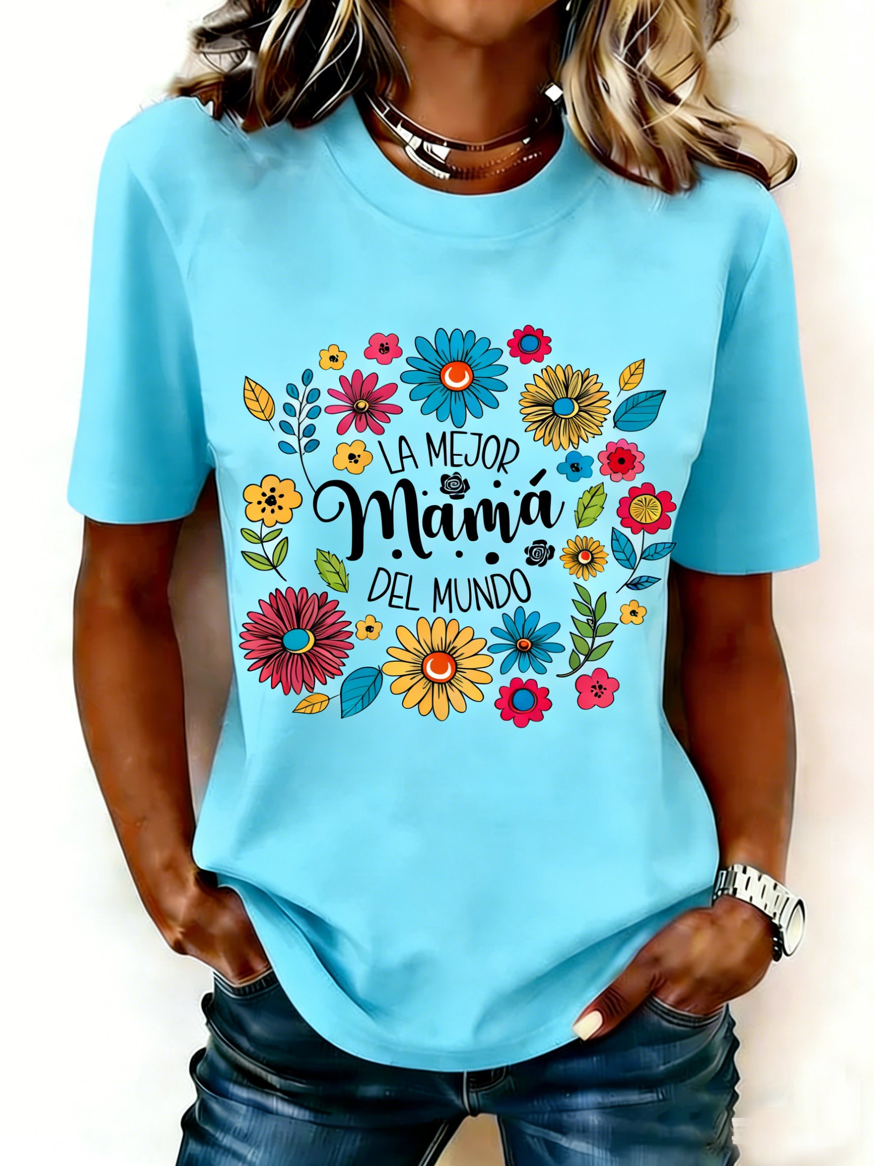 Mother's Day Letter Pattern Floral Short Sleeve Round Neck Loose  Casual T-Shirt