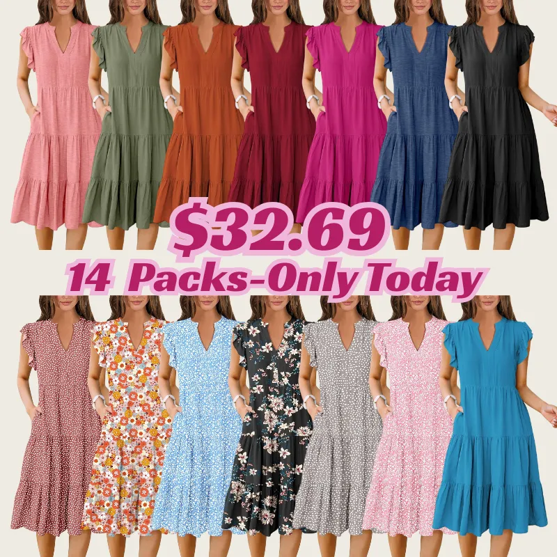 Women's Ruffle Sleeve V-Neck Tiered Midi Dress