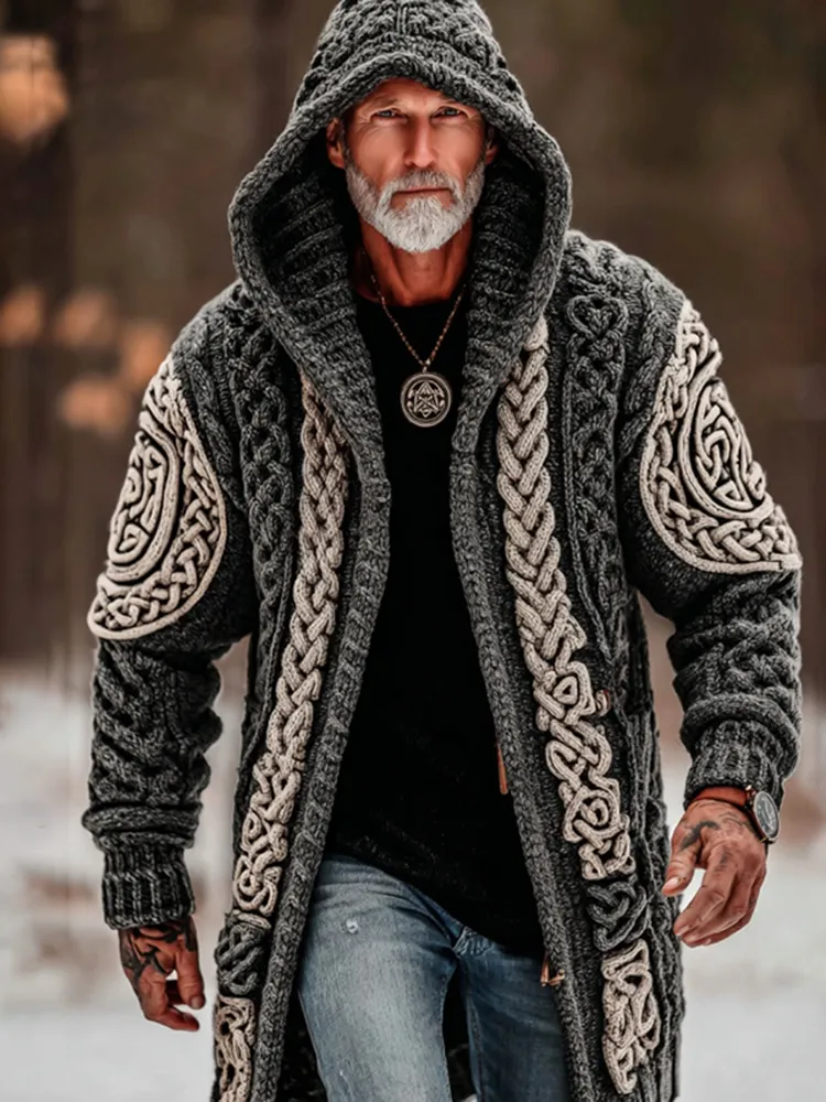 Men's Viking Celtic Knot Geometry Mid-length Cardigan Sweater