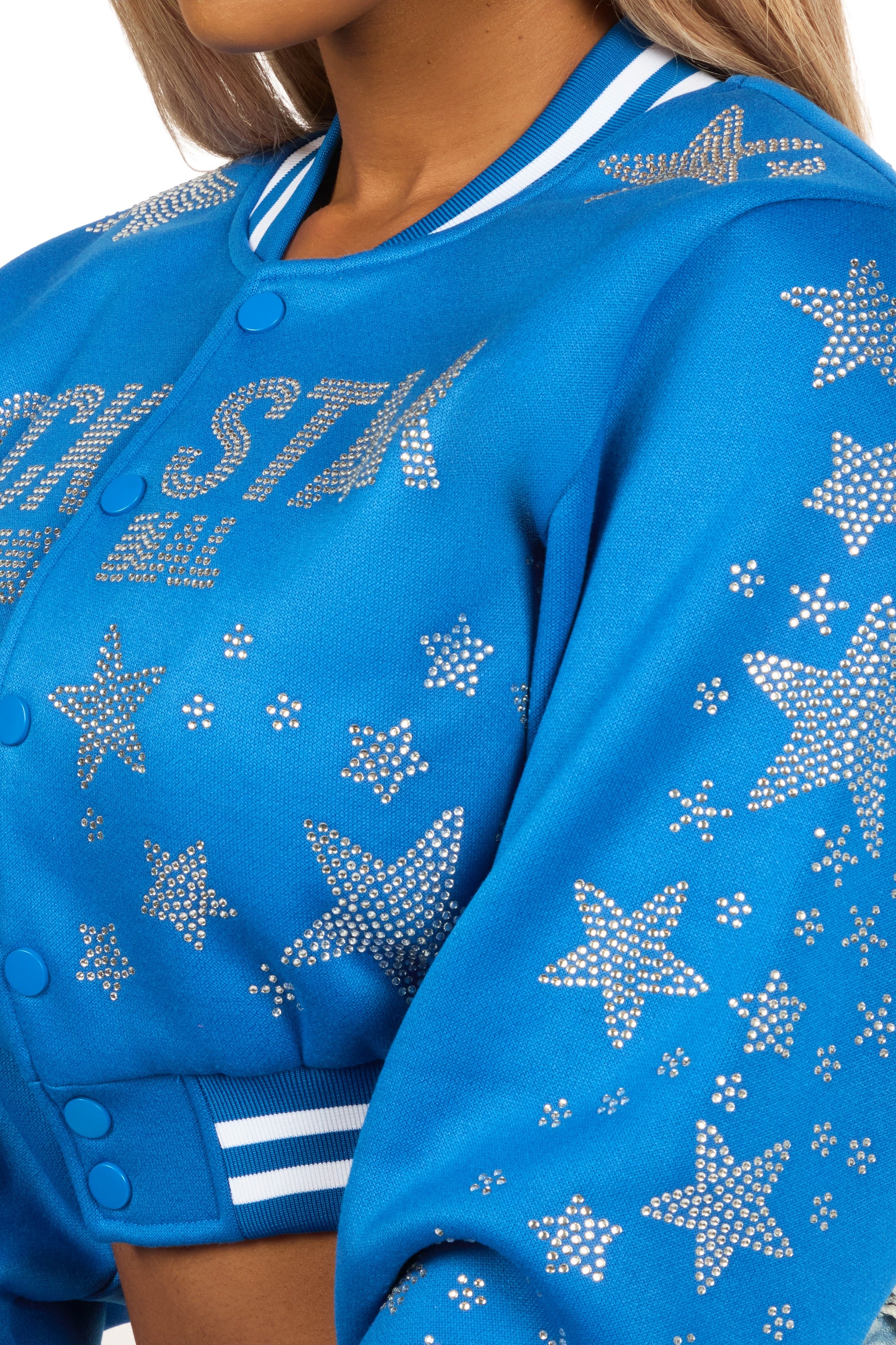 Shanda Royal Blue Crop Rhinestone Varsity Jacket