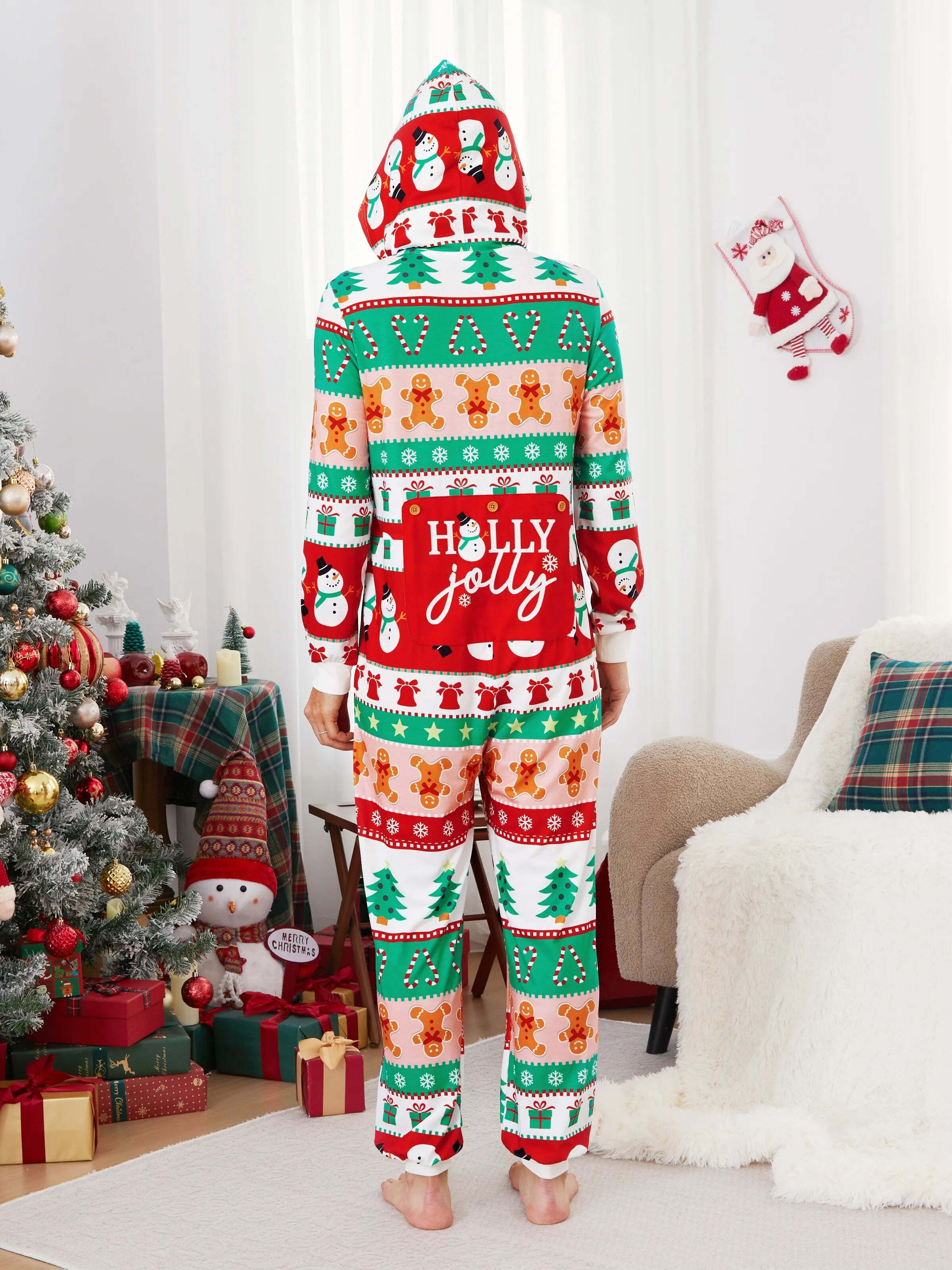 Onesies Pajamas Matching Christmas Outfits Allover Pattern Zipper Front Holly Jolly Print with Christmas Socks Back MultiColour