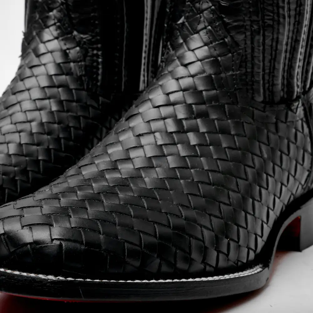 Black Basketweave Leather Boots - Square Toe