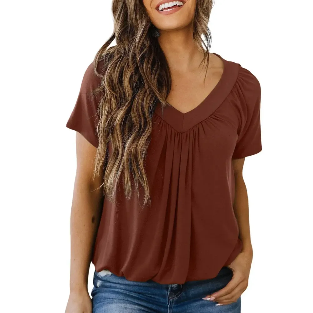 Women's Casual Summer Short Sleeve V Neck Tops T-shirts - Loose Fit & Comfortable Shirring Top