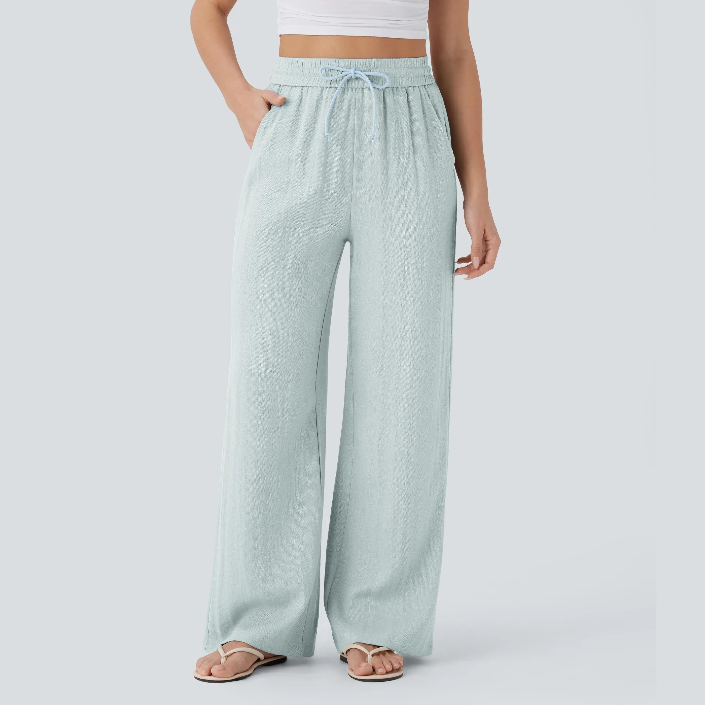 Women's High Waisted Wide Leg Pants – Linen-Feel Casual Drawstring with Pockets