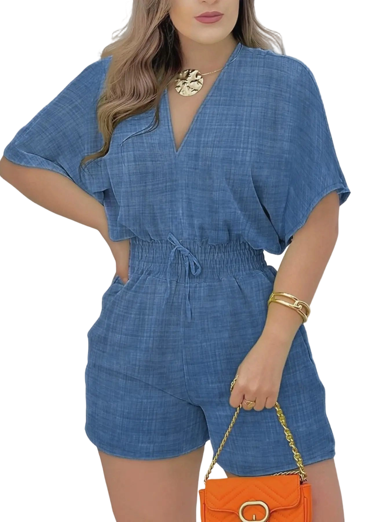 Women's Plain Drawstring Shirred Waist V Neck Romper