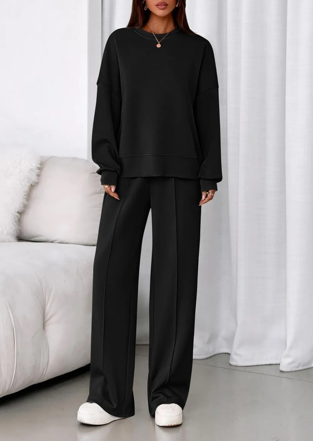 2 Piece Sets For Women Fall Trendy Long Sleeve Sweatshirt Wide Leg Pants Loungewear Set