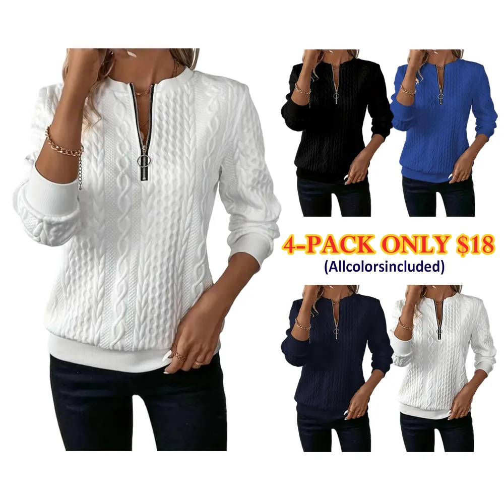 Women'S Plain Textured Half Zip Up Sweatshirt