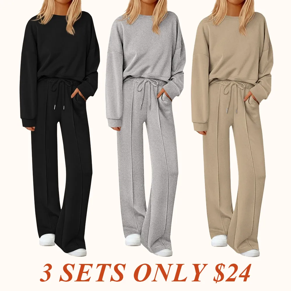 2 Piece Sets For Women Fall Trendy Long Sleeve Sweatshirt Wide Leg Pants Loungewear