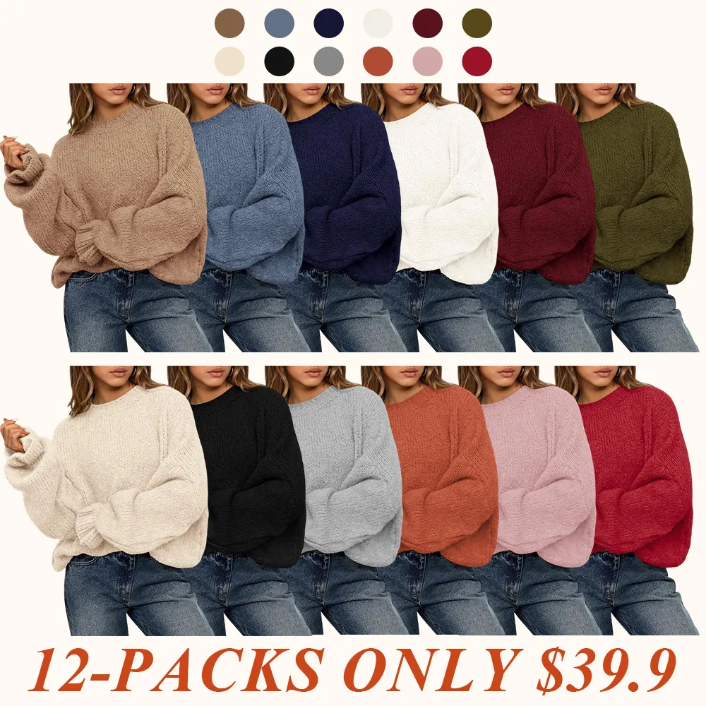 Women's Oversized Sweater Crewneck Long Sleeve Fuzzy Knit Chunky Pullover Sweaters