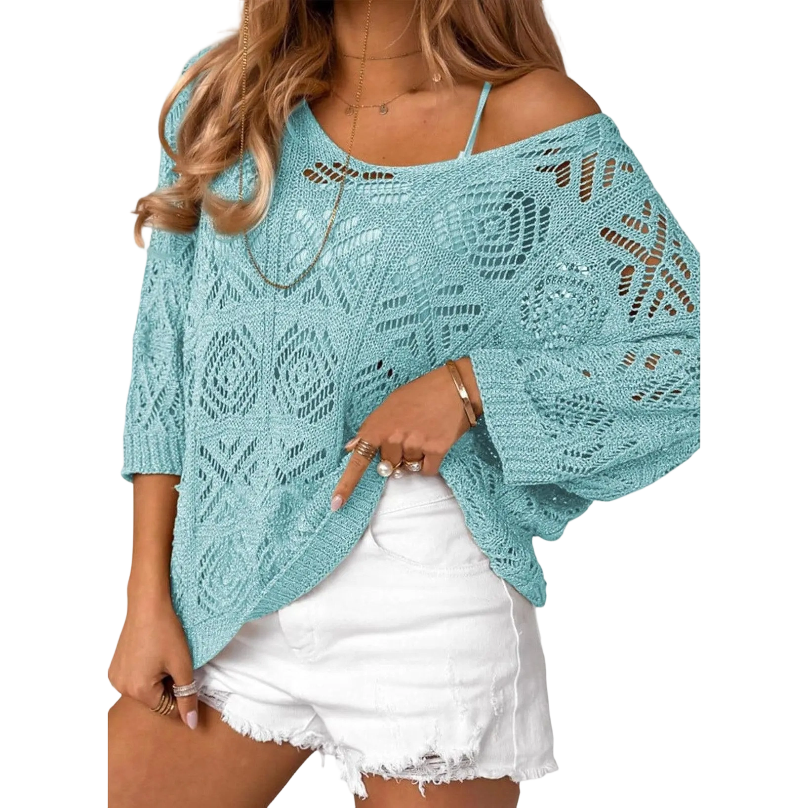 ✨ Women’s Crochet Hollow-Out Off-Shoulder Top – Lightweight 3/4 Sleeve Summer Sweater