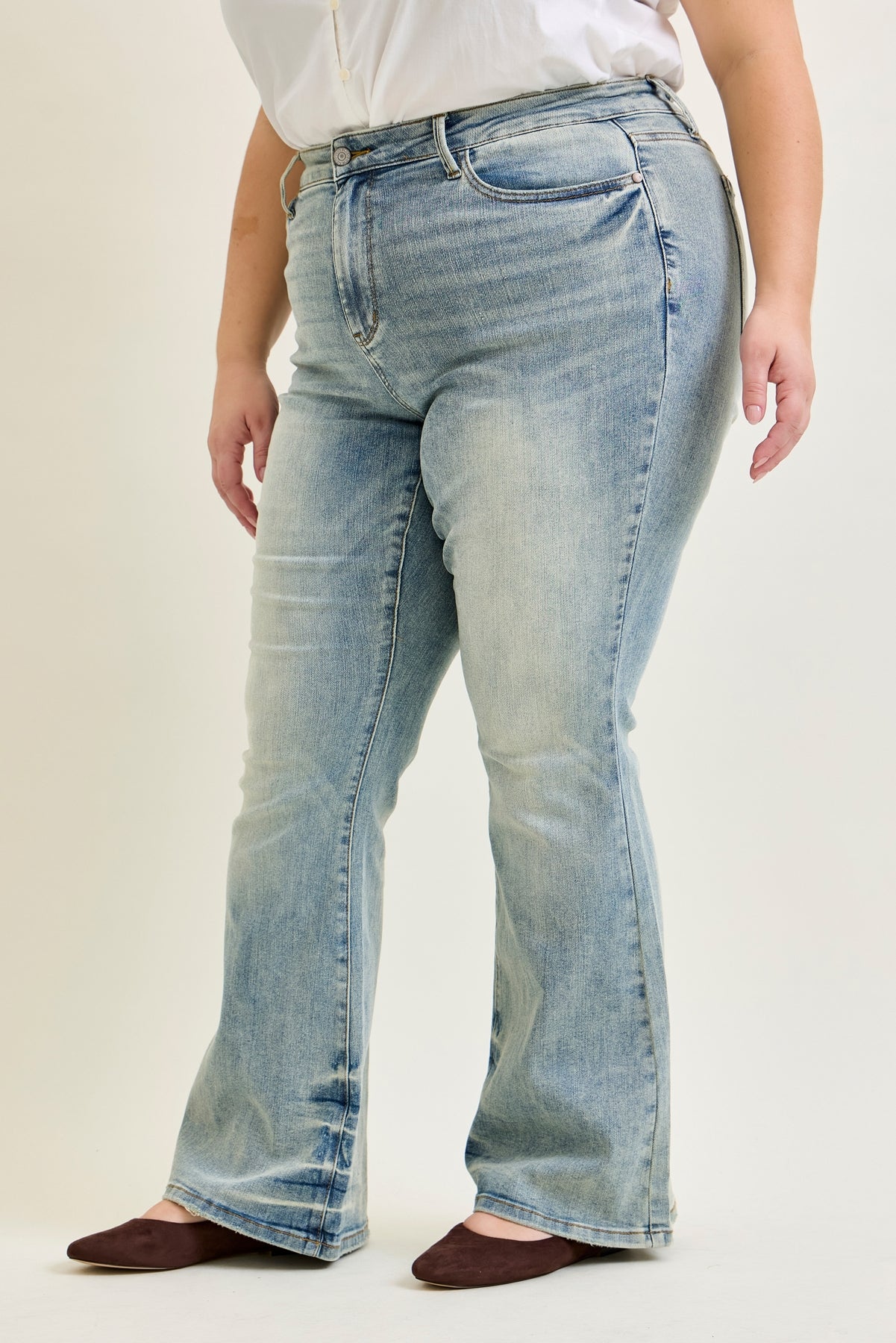 Megan Mid Rise Tinted Pin Tack Detail Flare Jeans - PLUS