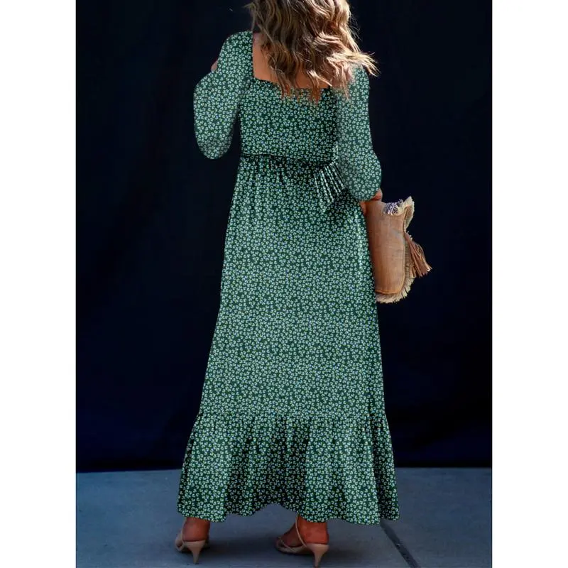 Boho Floral Smocked Square Neck Long Sleeve Maxi Dress