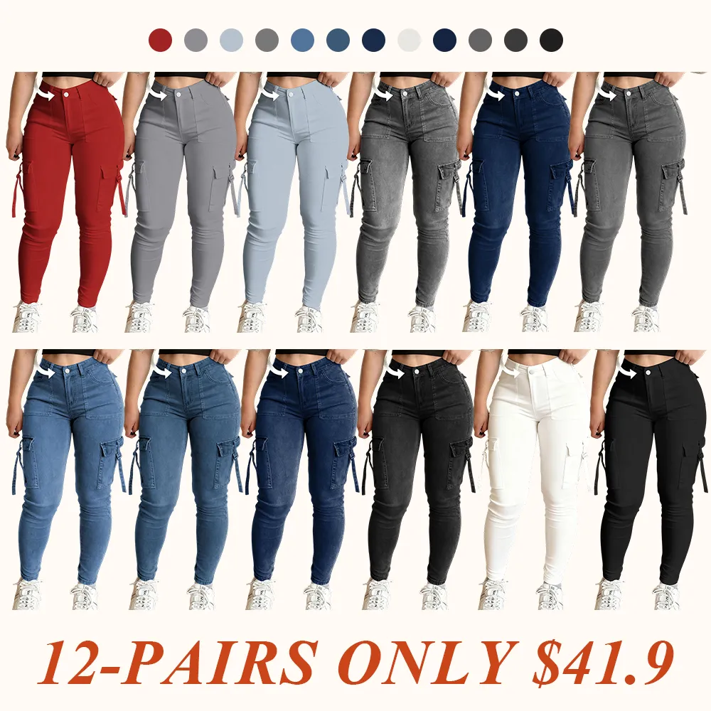 Women's Plain Multi-pocket Denim Cargo Pants