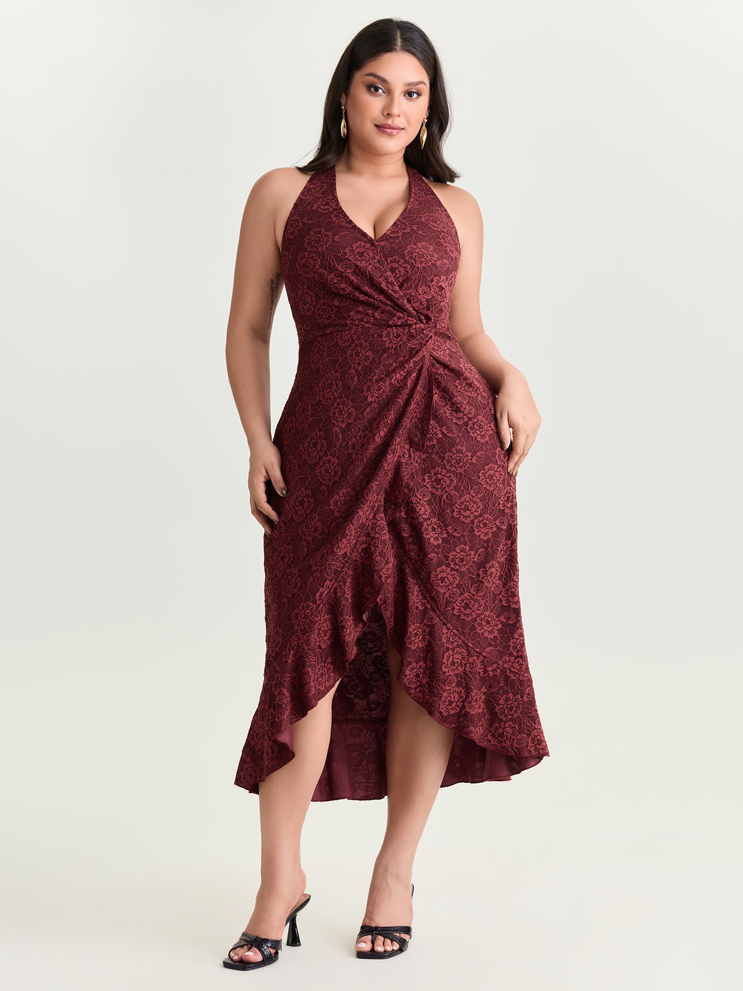 Floral Lace Ruffled Wrap Hem Midi Dress