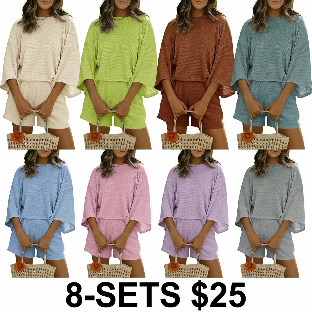 Women's 2-Piece Lounge Set – 3/4 Sleeve Top & Elastic Waist Shorts with Pockets