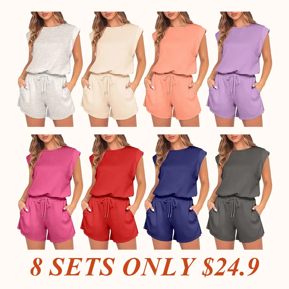 Women 2026 Summer Cap Sleeve Adjustable Drawstring Waistband Cozy Lounge Short Jumpsuit With Pocket