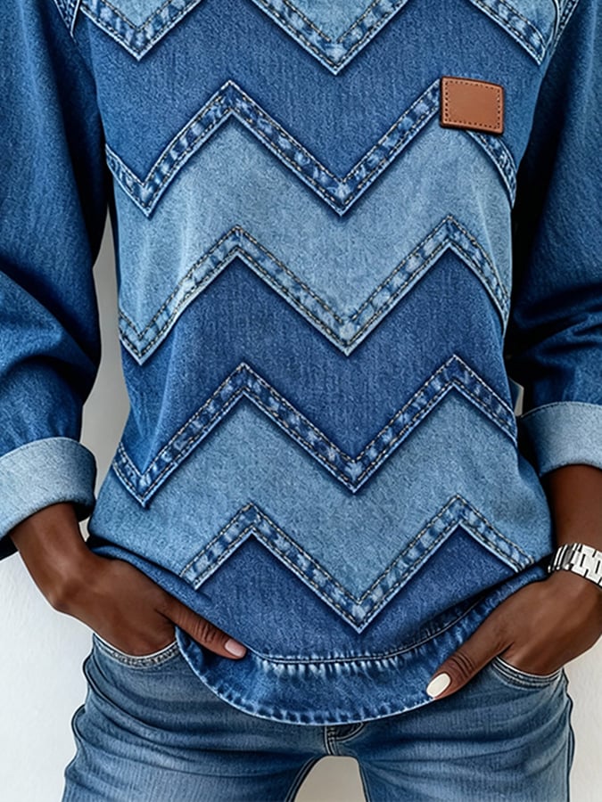 Women's Casual Crew Neck Printed Patchwork Sweatshirt