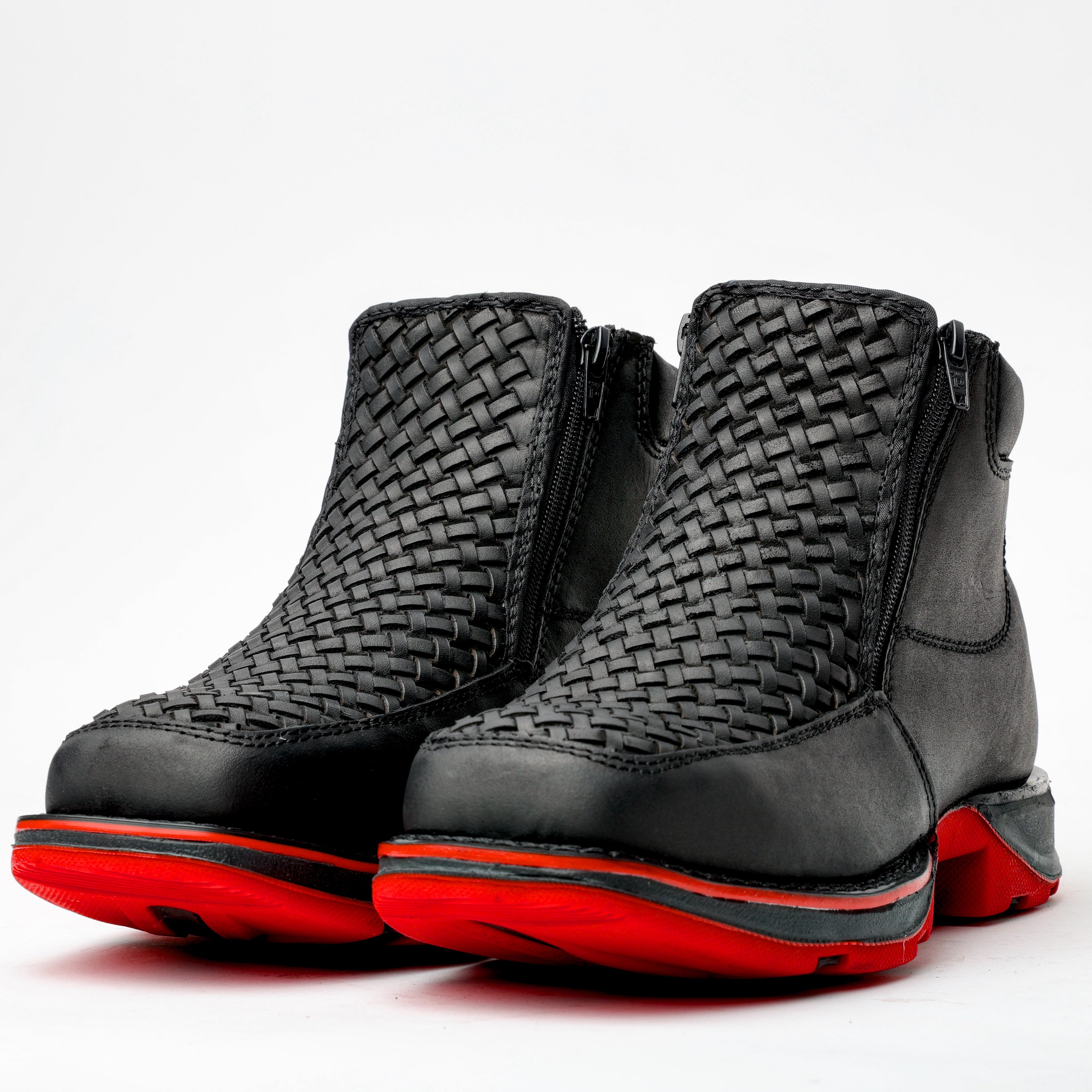 Black Basketweave Leather Botin With 3D Lightweight Soles - Square Toe
