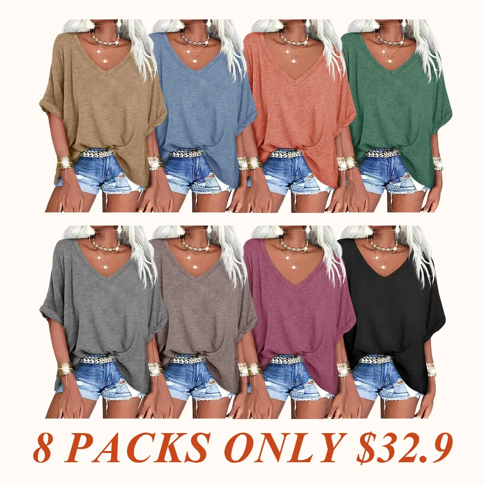 Women's Oversized T Shirts V Neck Short Sleeve Summer Casual Loose Tops Tees Tshirt Elastic Basic Womenswear