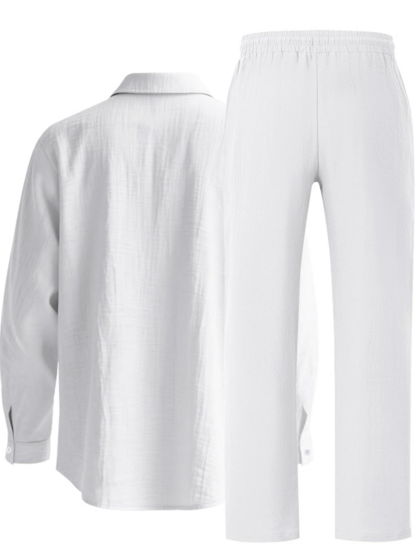 Men's Summer Linen Shirt & Pants Set, Casual Long Sleeve Beachwear, Comfortable Fashion Clothing for Vacation