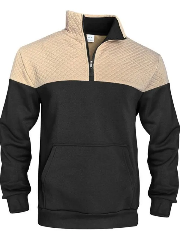 Men's Fall/Winter Patchwork Design Casual Stand-Up Collar Zipper Hoodie Stylish Commuter Sweatshirt