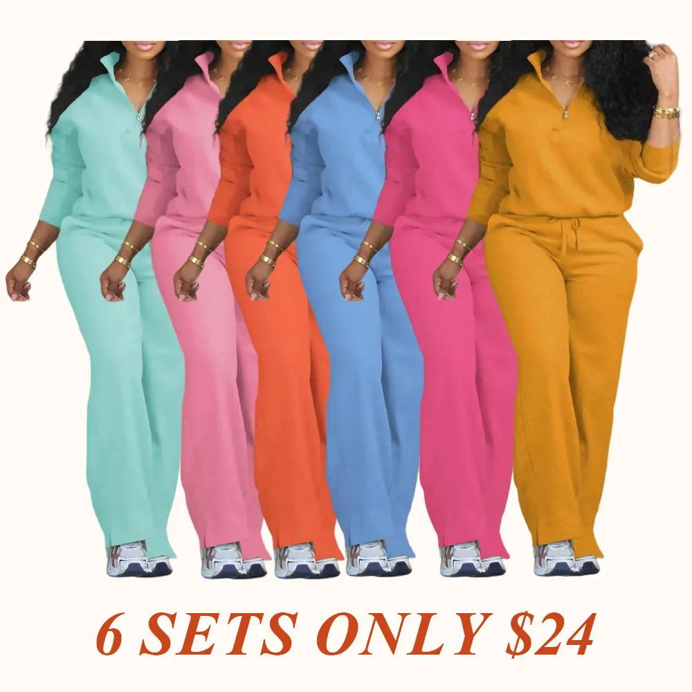 Women's Solid Half Placket Split Hem Pants Set