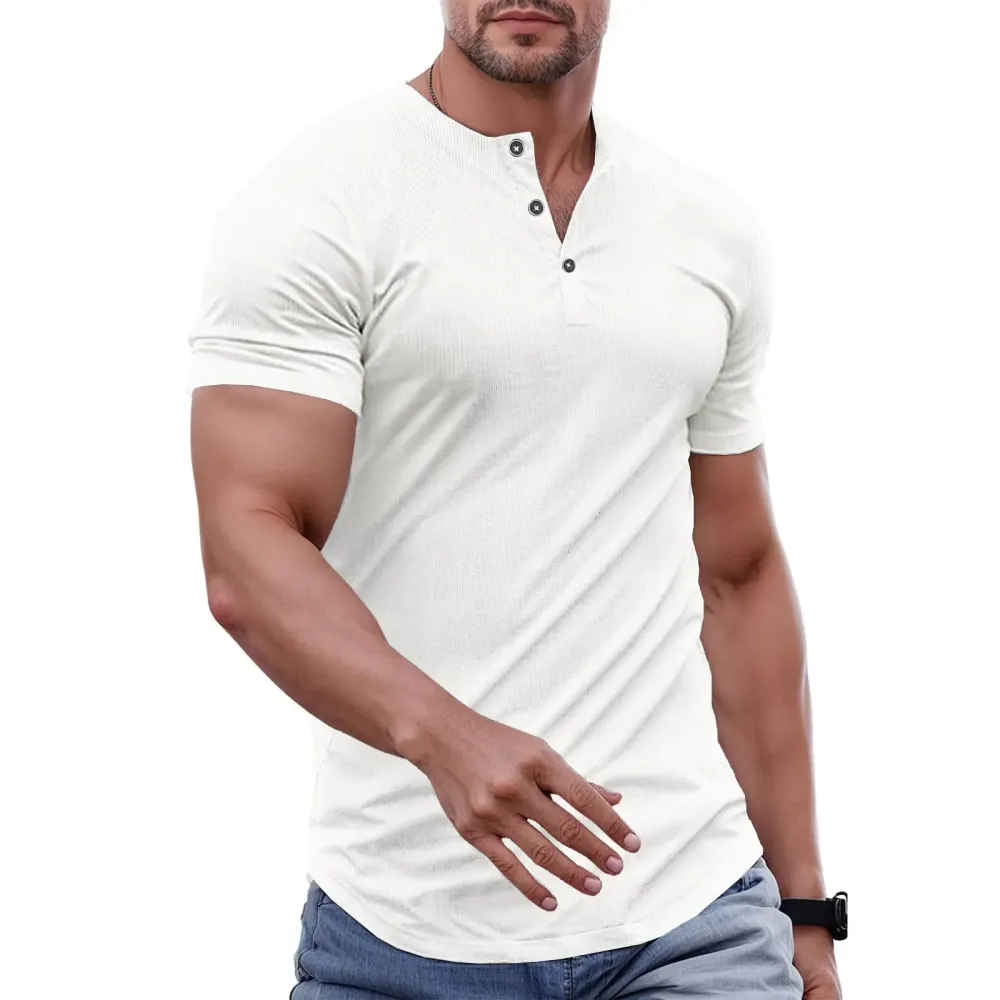 Men's solid color slim-fit Henley neck T-shirt