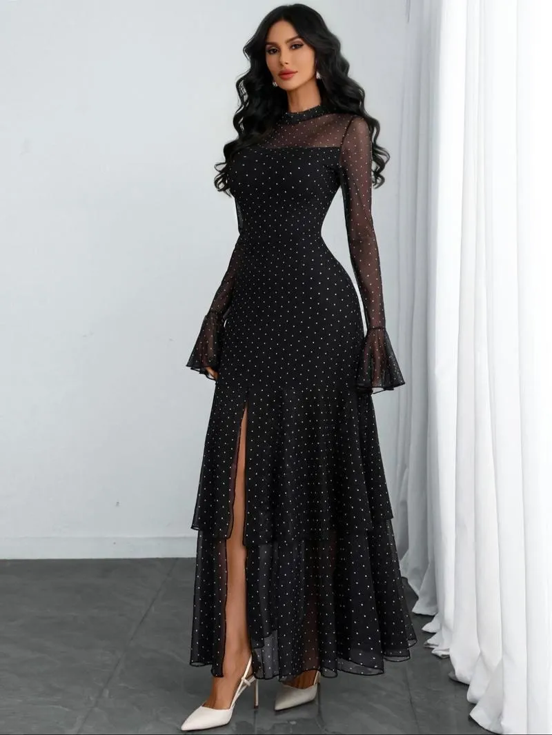 Women's Romantic Polka Dot Split Mesh Patchwork Layered Elegant Flared Skirt Dress