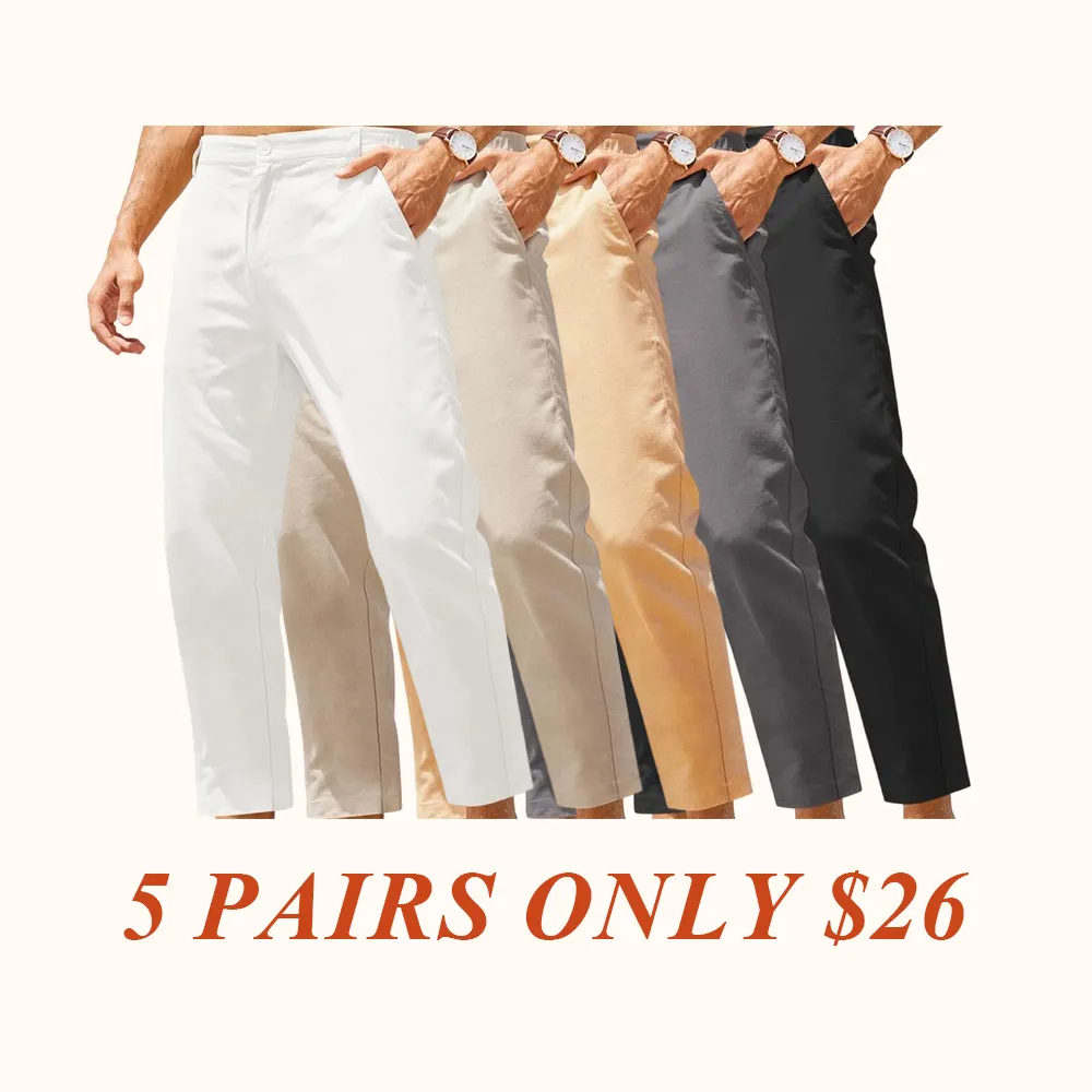 Men's Cotton Linen Pants Elastic Waist Lightweight Casual Pants Slim Fit Yoga Beach Pants